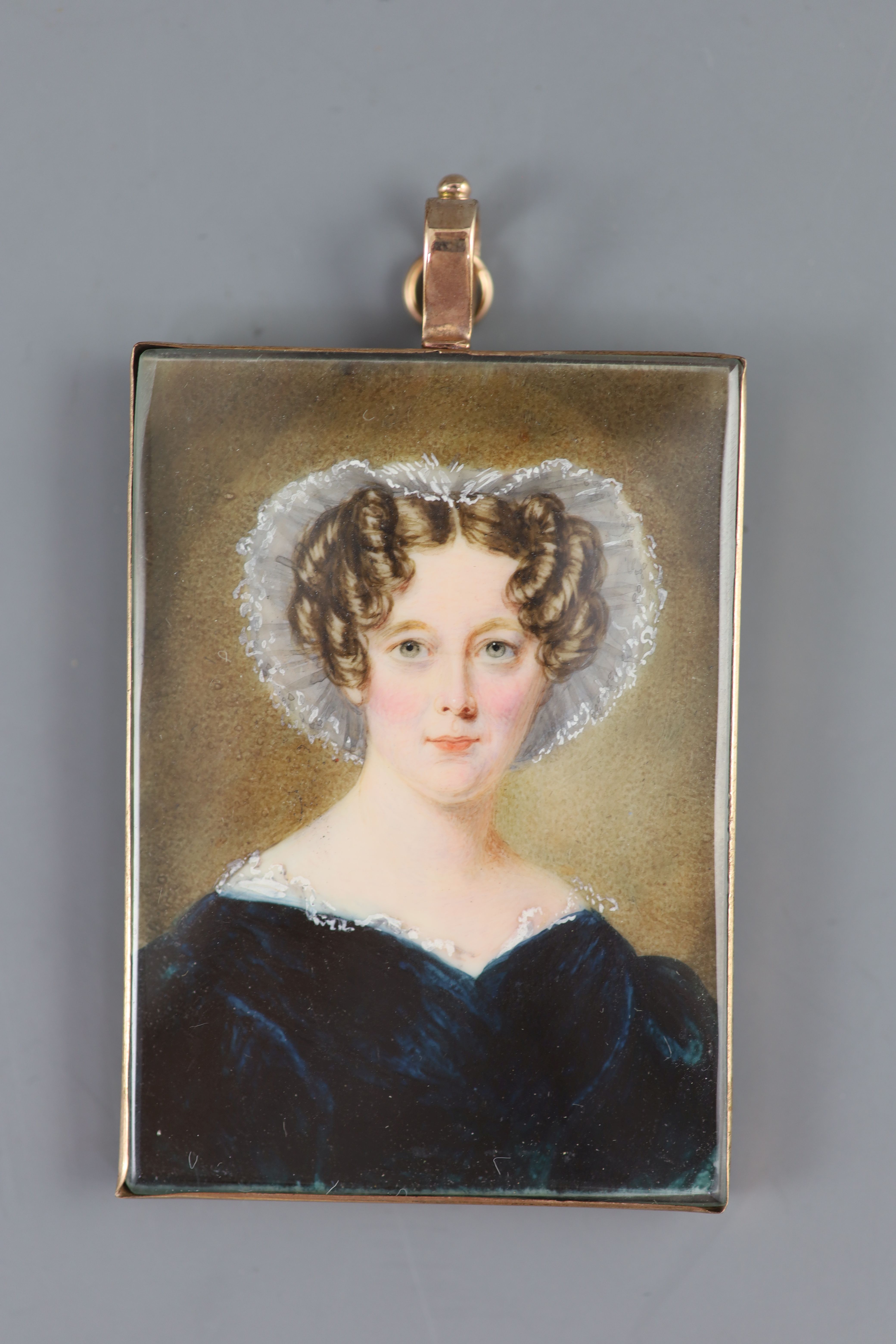 William Egley (1798-1870) Portrait miniature of a lady wearing a lace bonnet and green dress 2.5 x 1.75in., gold framed